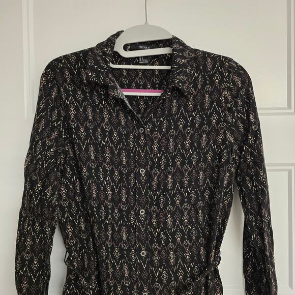 Women's Forever 21 Black Patterned Button Down Belted Shirt Dress | Size Small - Picture 3 of 11